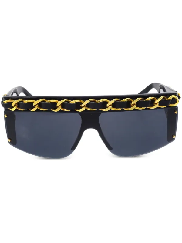 Chanel Pre-owned 1990-2000s Leather-and-chain Trimmed Shield Sunglasses in Black