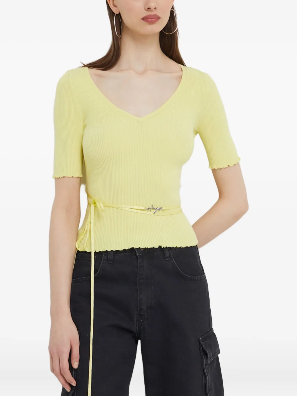 HUGO lettuce-trim tied-waist top | Yellow | Image 1