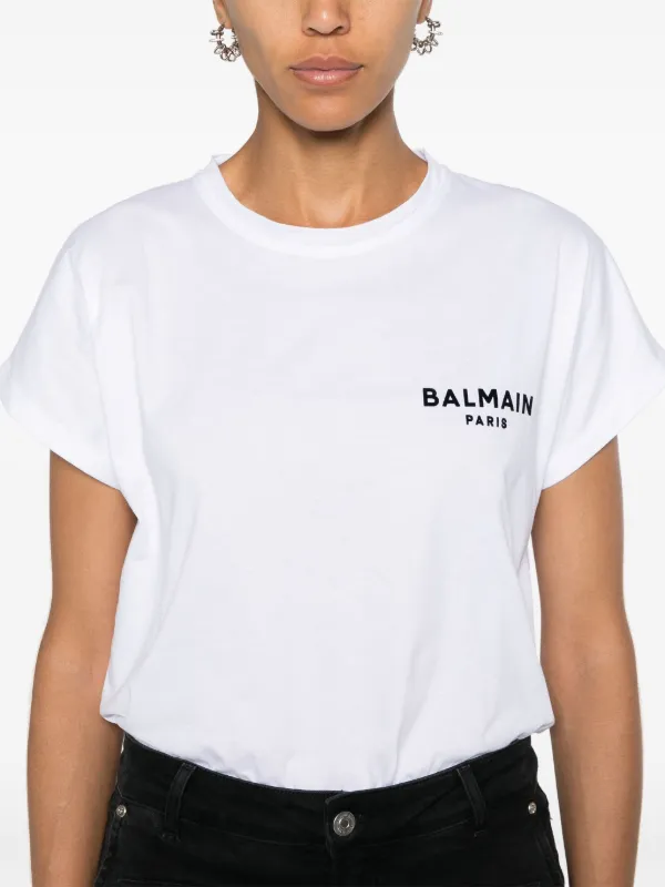 T-shirt with flocked Balmain Paris logo white - Women | BALMAIN