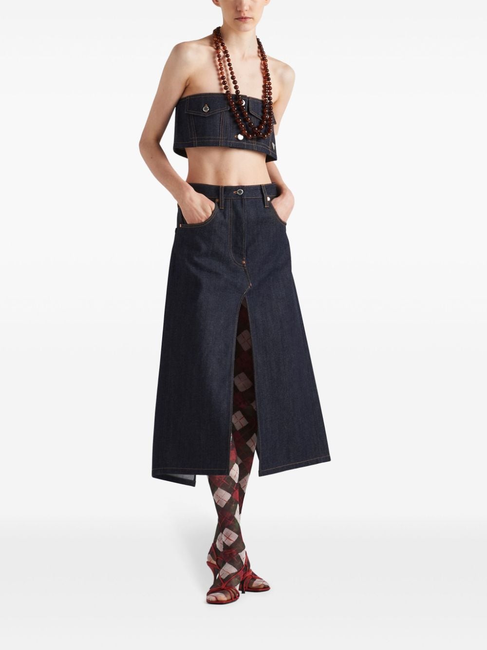 Shop Prada Denim Strapless Crop Top In Blue