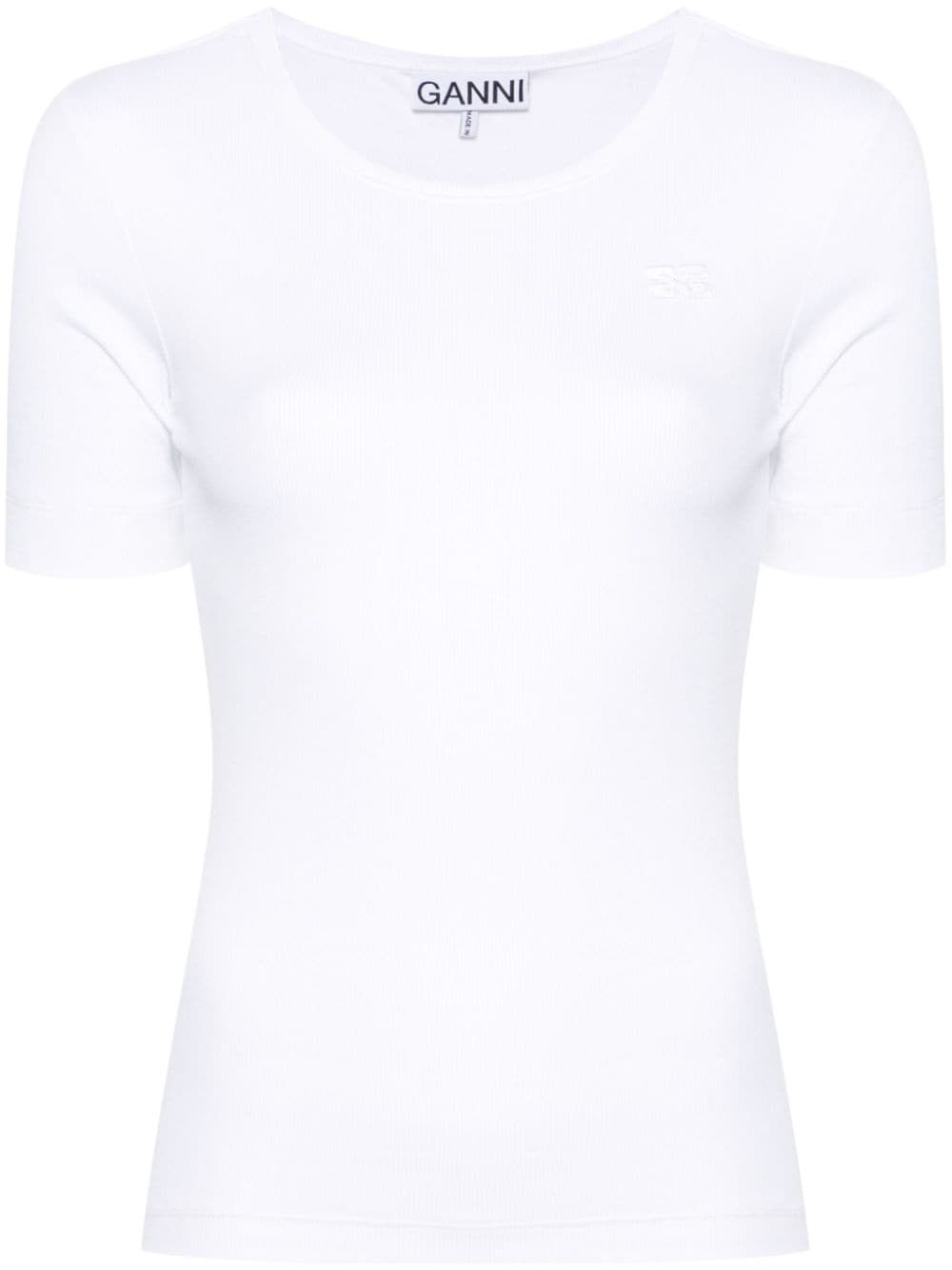 Ganni Logo-embroidered Ribbed T-shirt In White