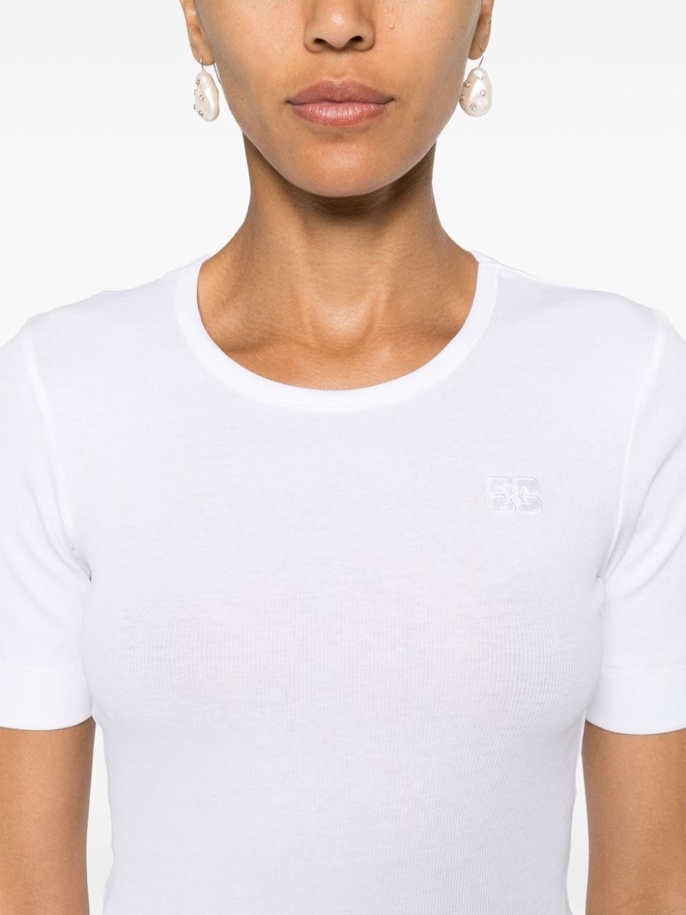 Shop Ganni Logo-embroidered Ribbed T-shirt In White