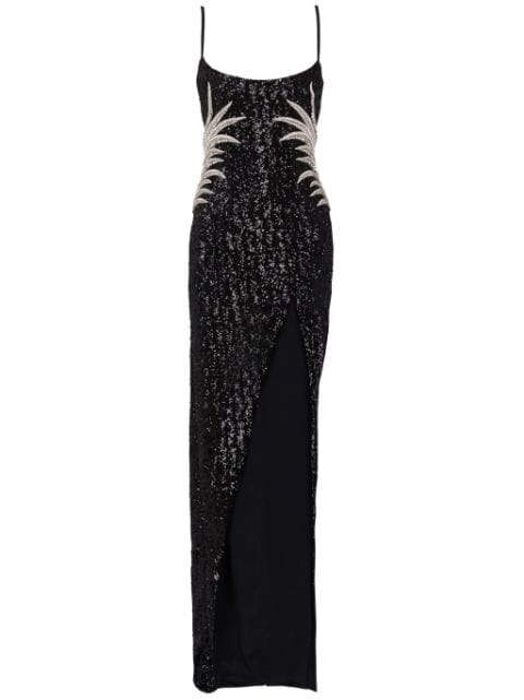 Balmain palm tree-embroidered sequinned gown