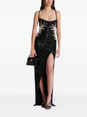 【関税＆送料込み】Balmain Black Dress With Square Neckline Long embroidered dress with Face motif black black - Women