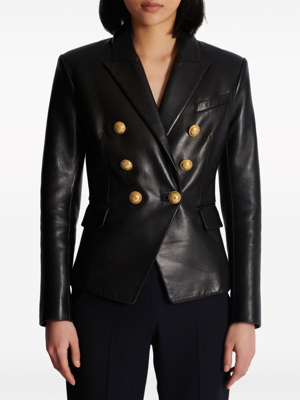 Shop Balmain Double-breasted Leather Blazer In 黑色