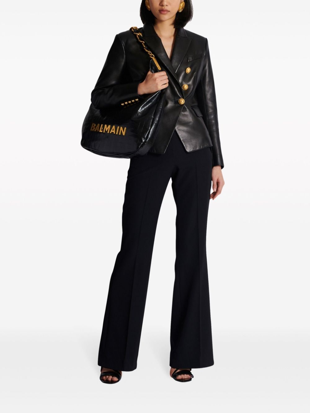 Shop Balmain Double-breasted Leather Blazer In 黑色