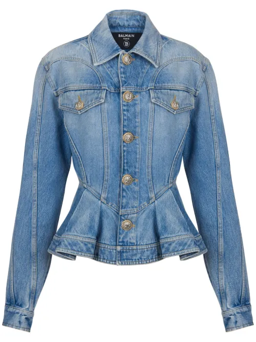 Blazer plissé en jean à boutons logo - Balmain - Modalova