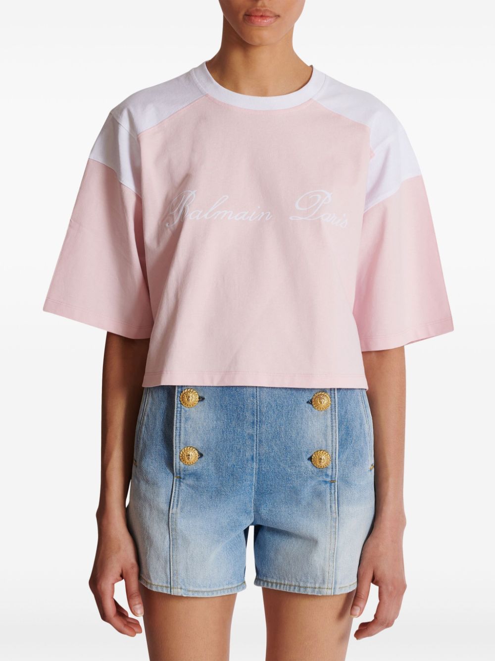 Affordable Balmain logo-embroidered panelled T-shirt Women