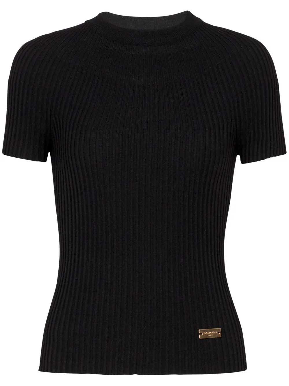 Balmain logo-plaque ribbed knit top Zwart