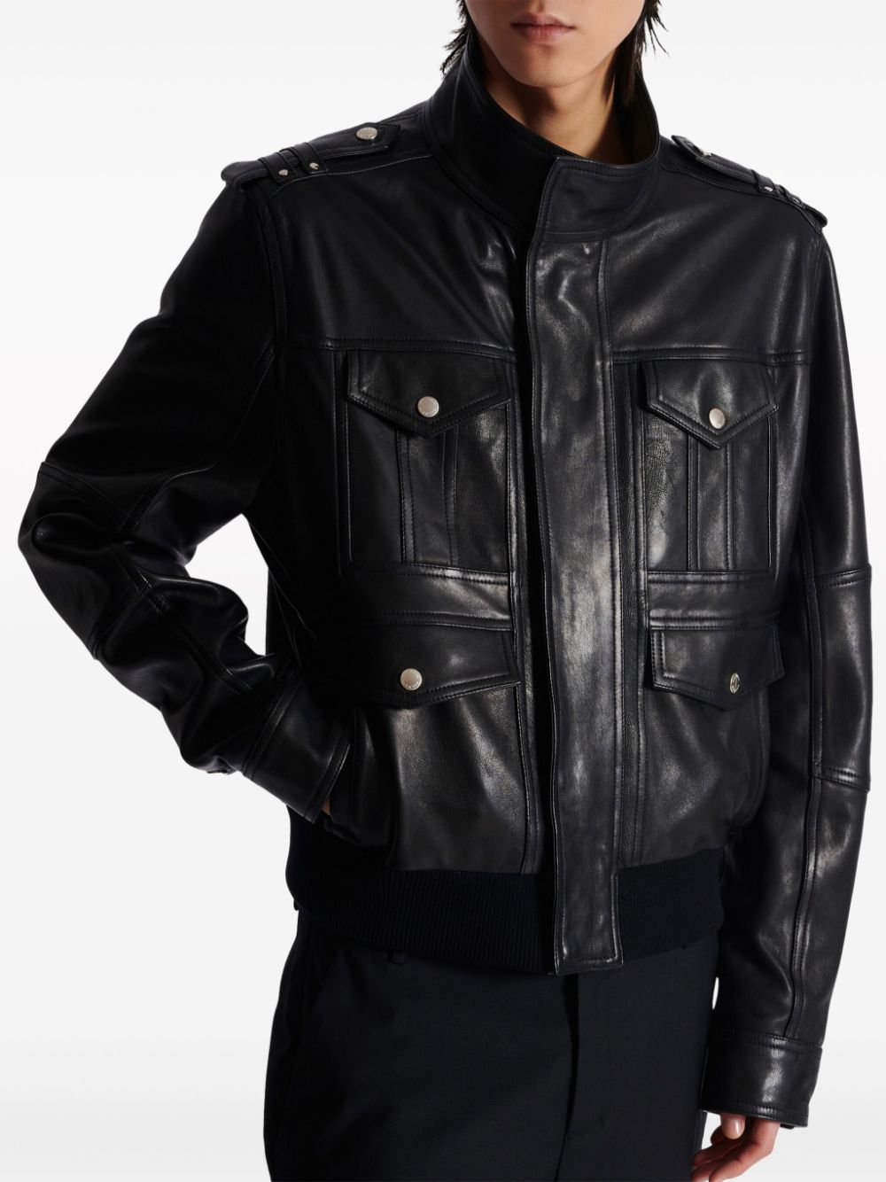 Shop Balmain Long-sleeve Leather Jacket In Black