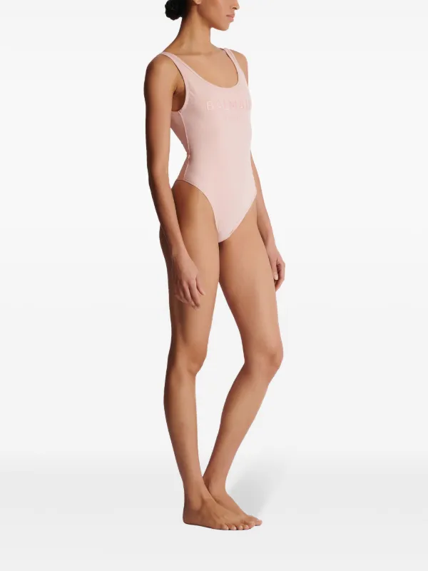 Balmain embroidered-logo one-piece Swimsuit | Pink | FARFETCH