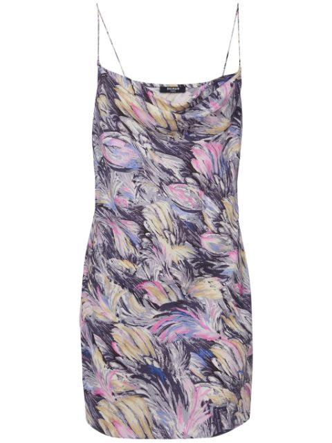 Balmain Feather-print satin slip dress Women