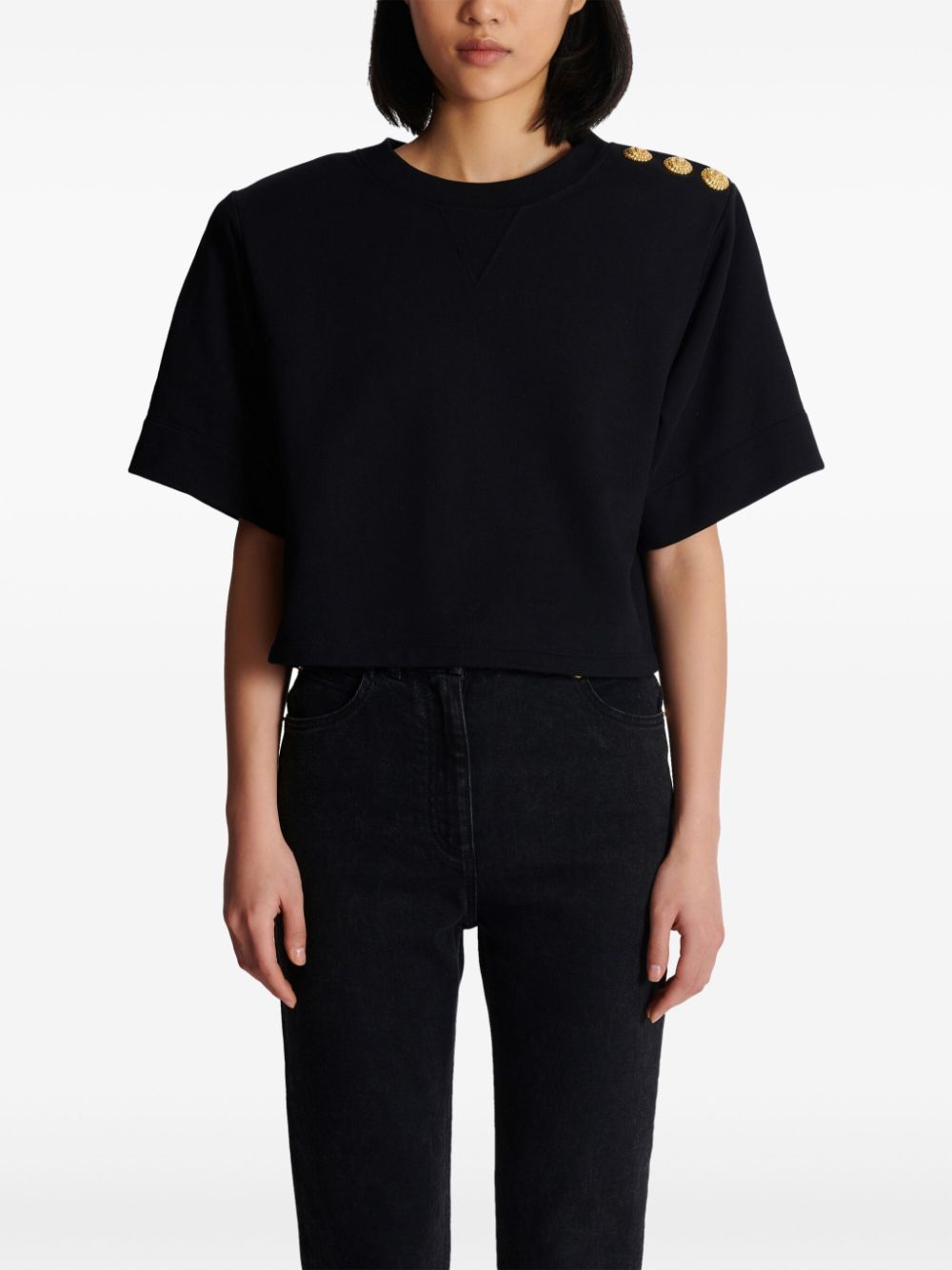 Shop Balmain Button-detail Cropped Sweatshirt In Schwarz