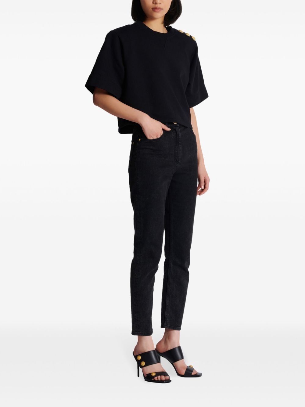 Shop Balmain Button-detail Cropped Sweatshirt In Schwarz