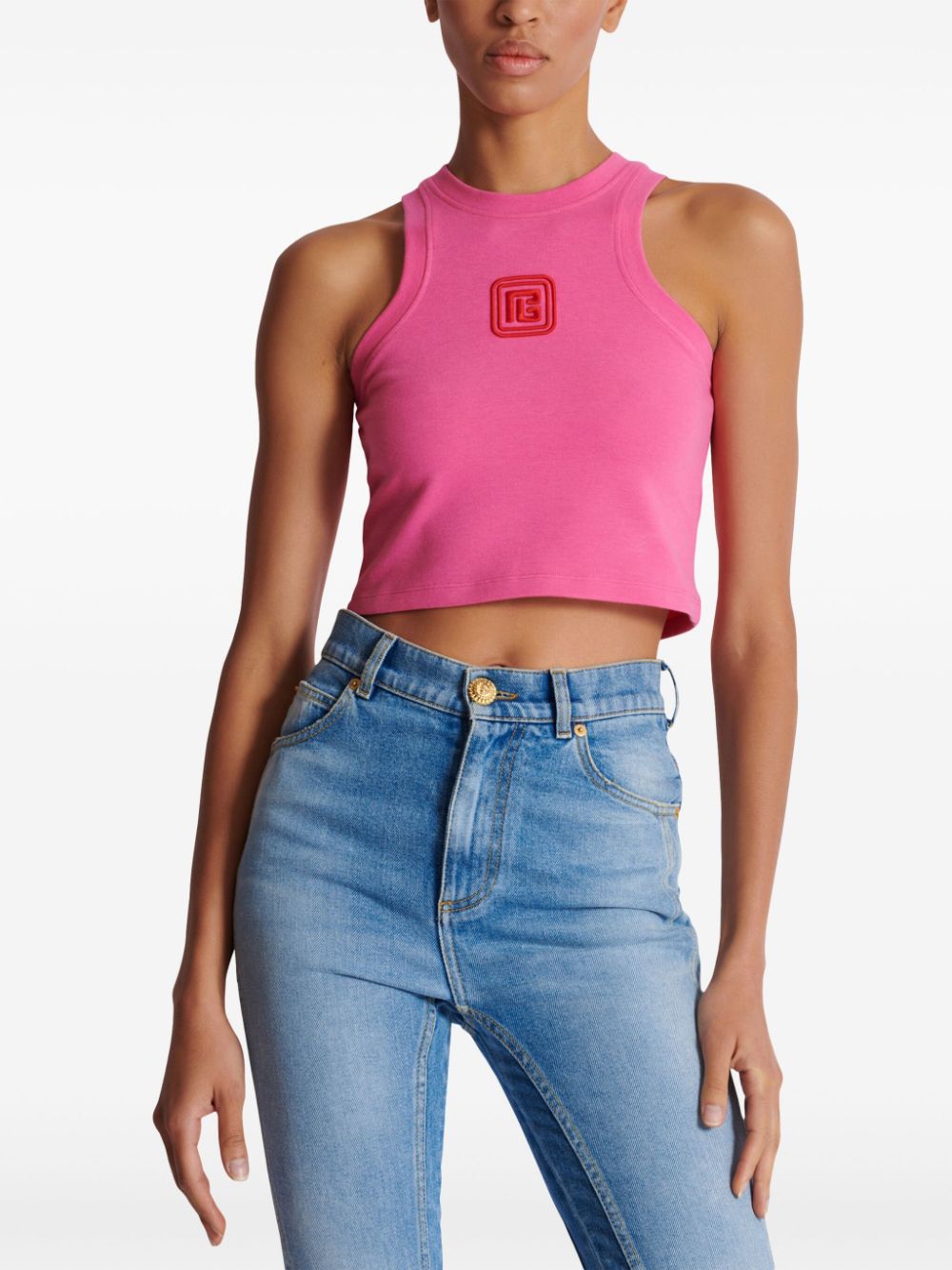 Cheap Balmain logo-embroidered cropped tank top Women