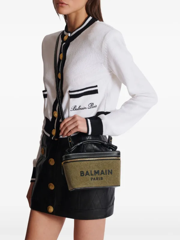 【Balmain】 B-Armyレザートリムキャンバス makeupバッグ B-Army leather-trimmed canvas makeup bag in beige - Balmain