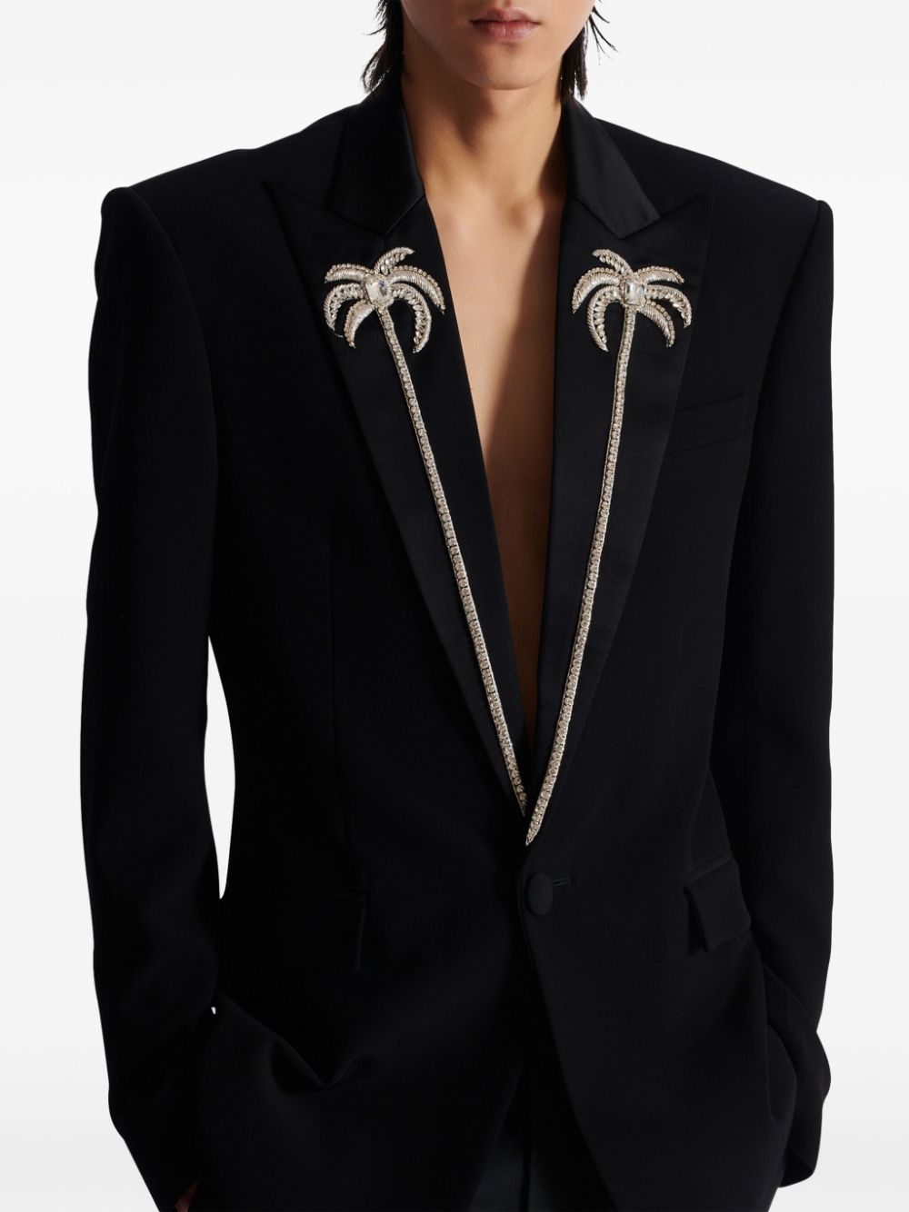 Shop Balmain Palm Tree-embroidered Single-breasted Blazer In Black