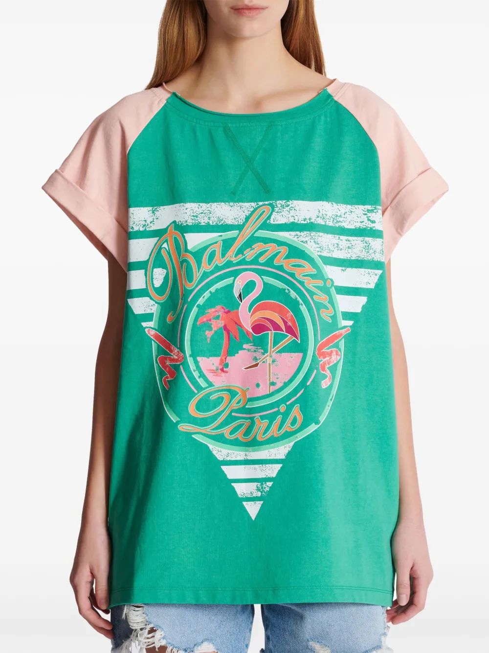 Balmain T-shirt met flamingoprint Groen