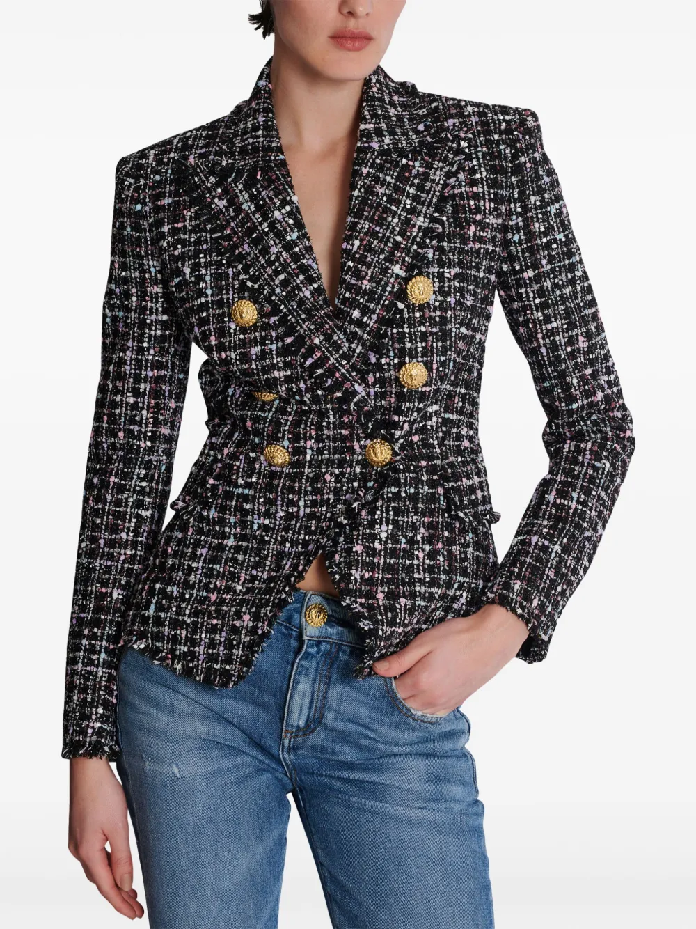 Balmain Tweed Jacket Structured Cinched Waist In 黑色