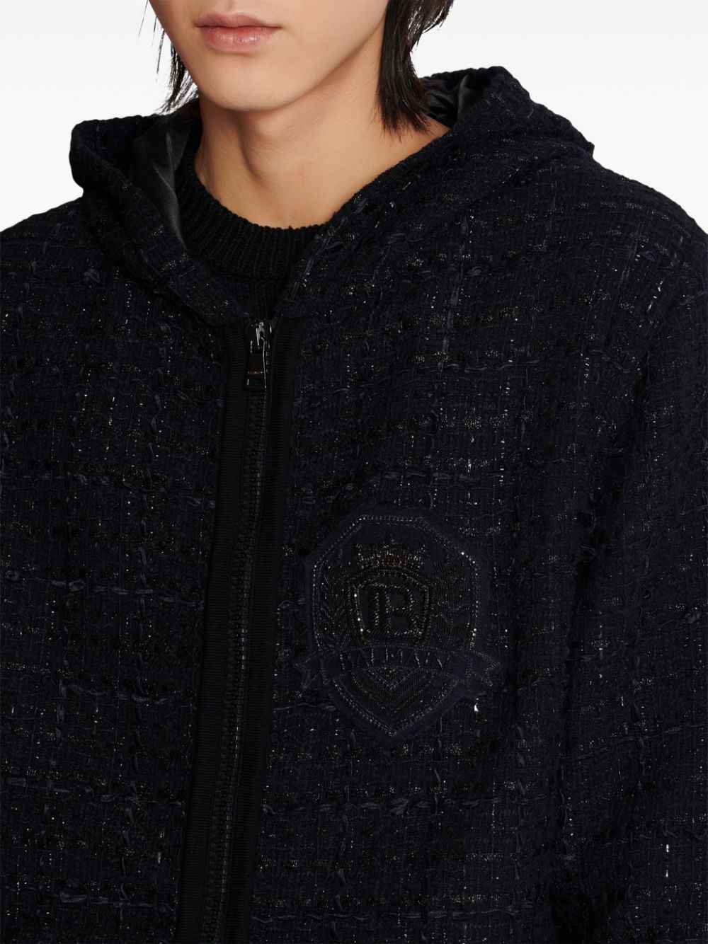 Affordable Balmain logo-patch tweed hooded jacket Men