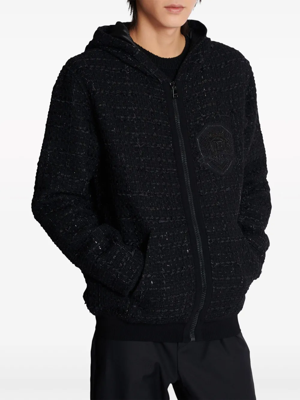 Affordable Balmain logo-patch tweed hooded jacket Men