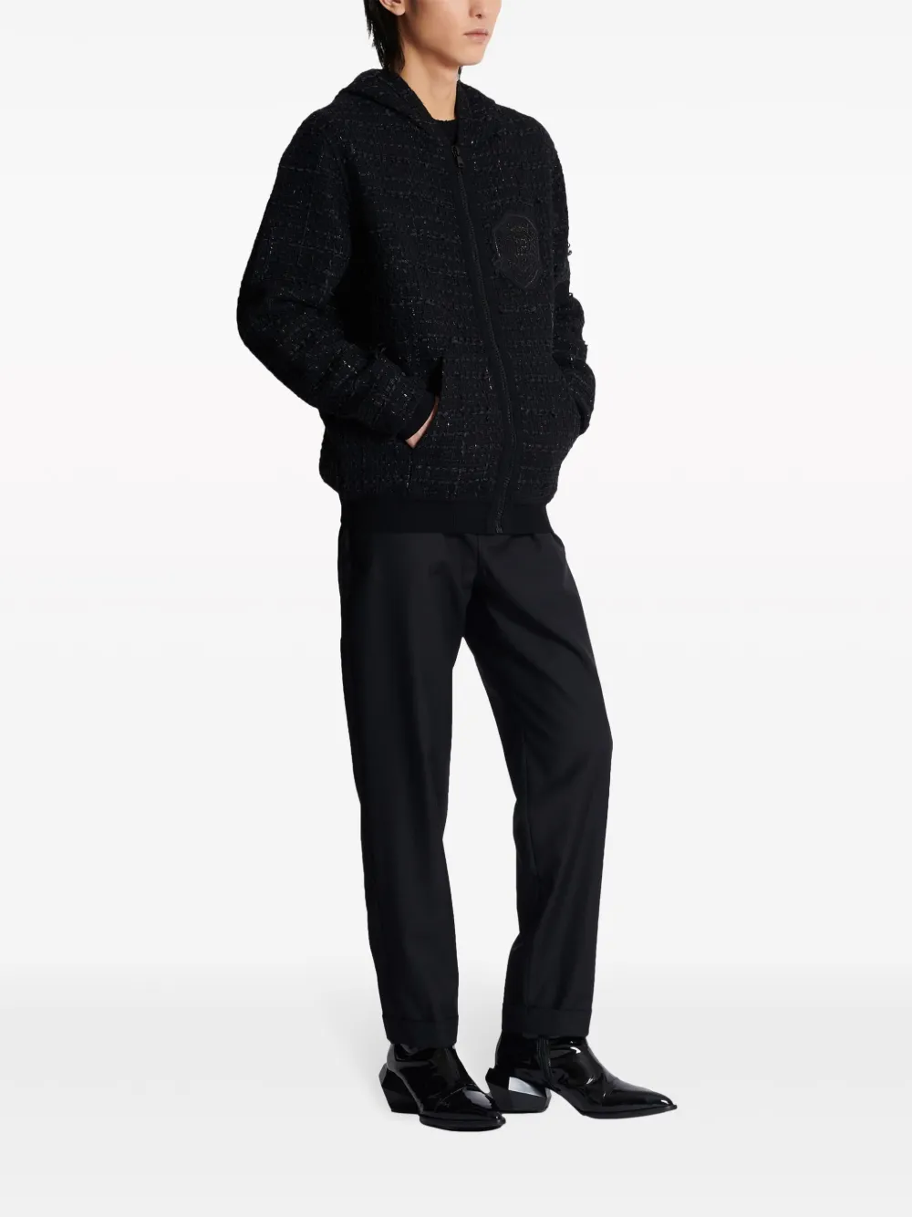 Affordable Balmain logo-patch tweed hooded jacket Men