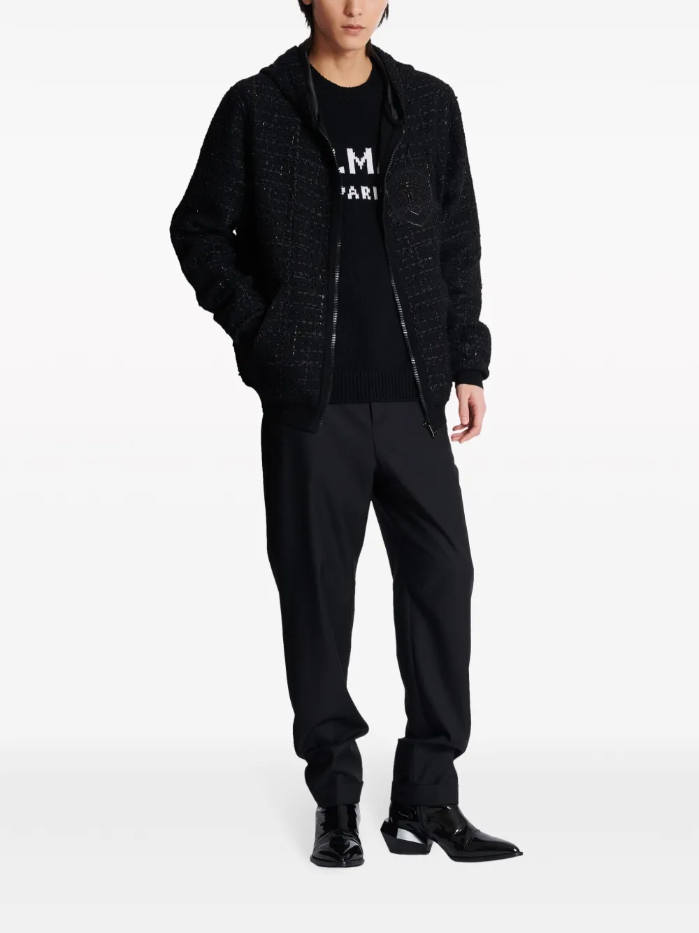 Affordable Balmain logo-patch tweed hooded jacket Men