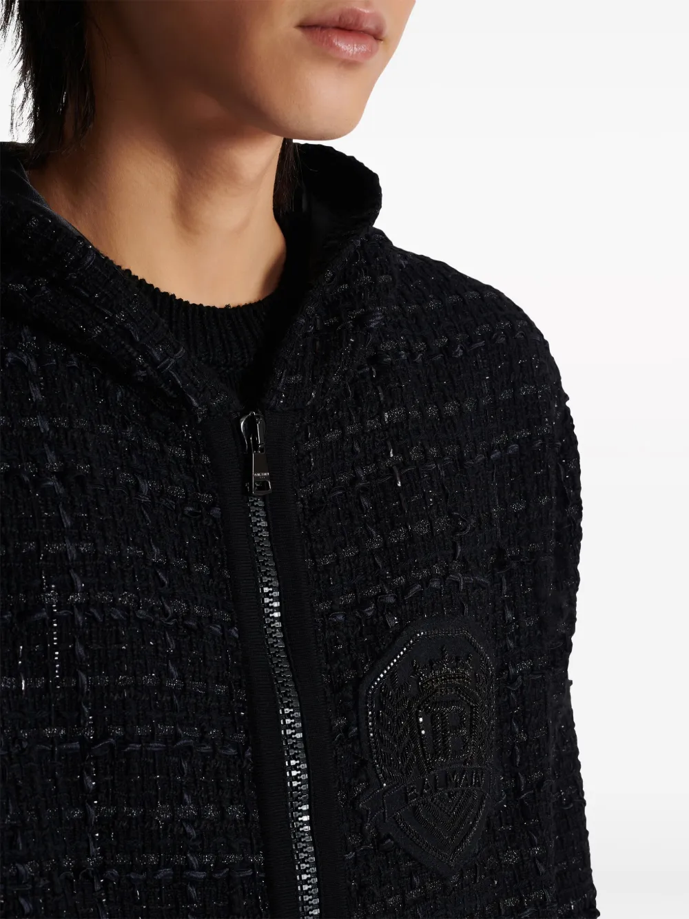 Affordable Balmain logo-patch tweed hooded jacket Men