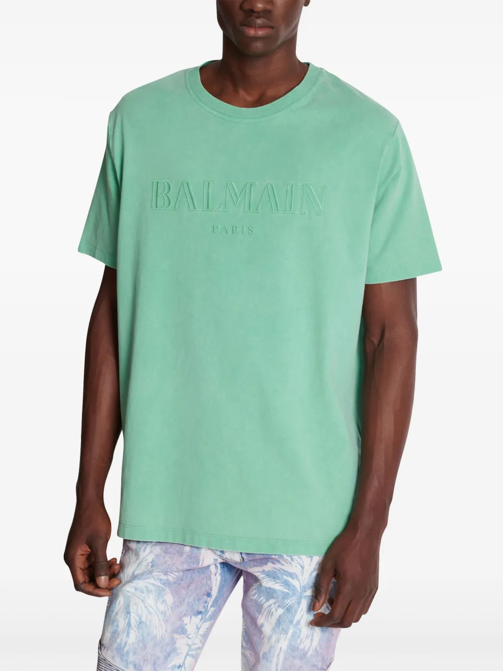 【送料&関税込】Balmain Green Cotton T-shirt T-shirt with Balmain Paris print green green - Men | BALMAIN