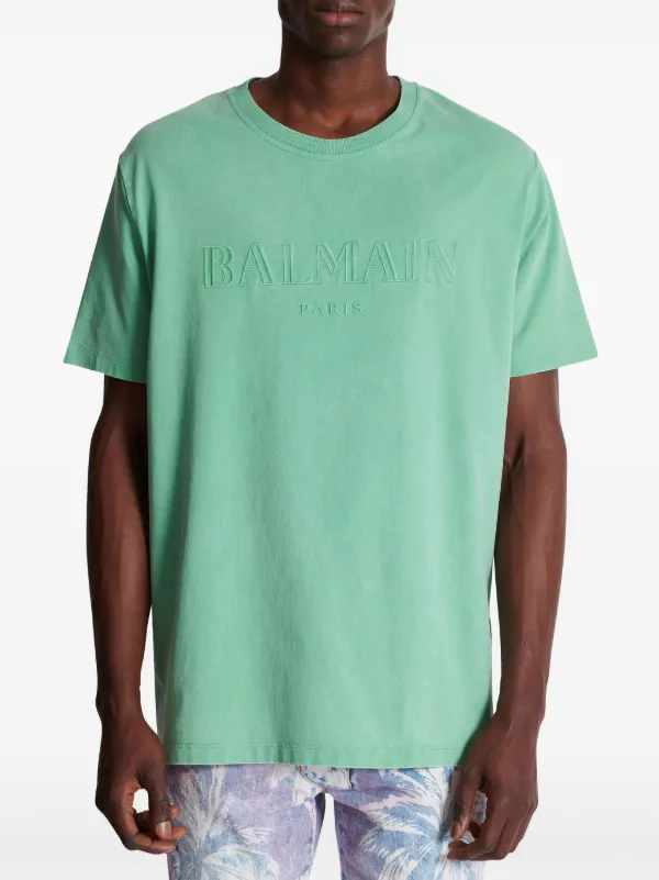 Tシャツ・カットソー Balmain Green Cotton T-Shirt Loose T-shirt with Balmain Signature embroidery - Men | BALMAIN