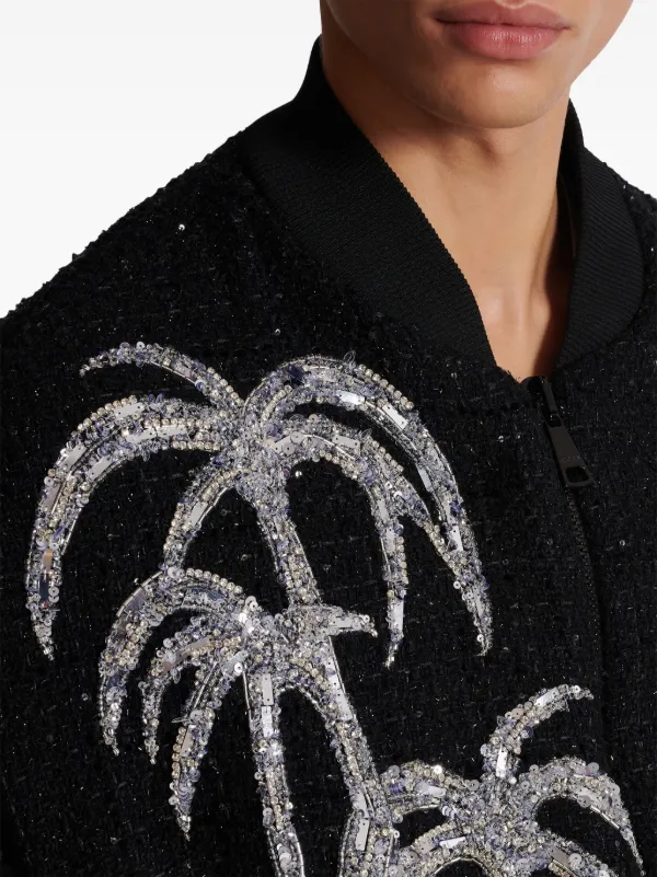 Balmain Palm tree-print Tweed Bomber Jacket | Black | FARFETCH UZ