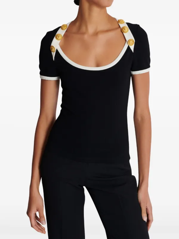 Tシャツ・カットソー BALMAIN TOP WITH BUTTONS Balmain button-embellished logo-print T-shirt | White | FARFETCH