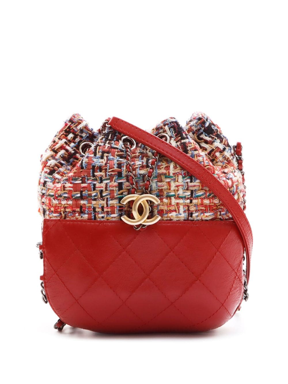 Pre-owned Chanel 2017-2018 Gabrielle Tweed Bucket Bag In Red