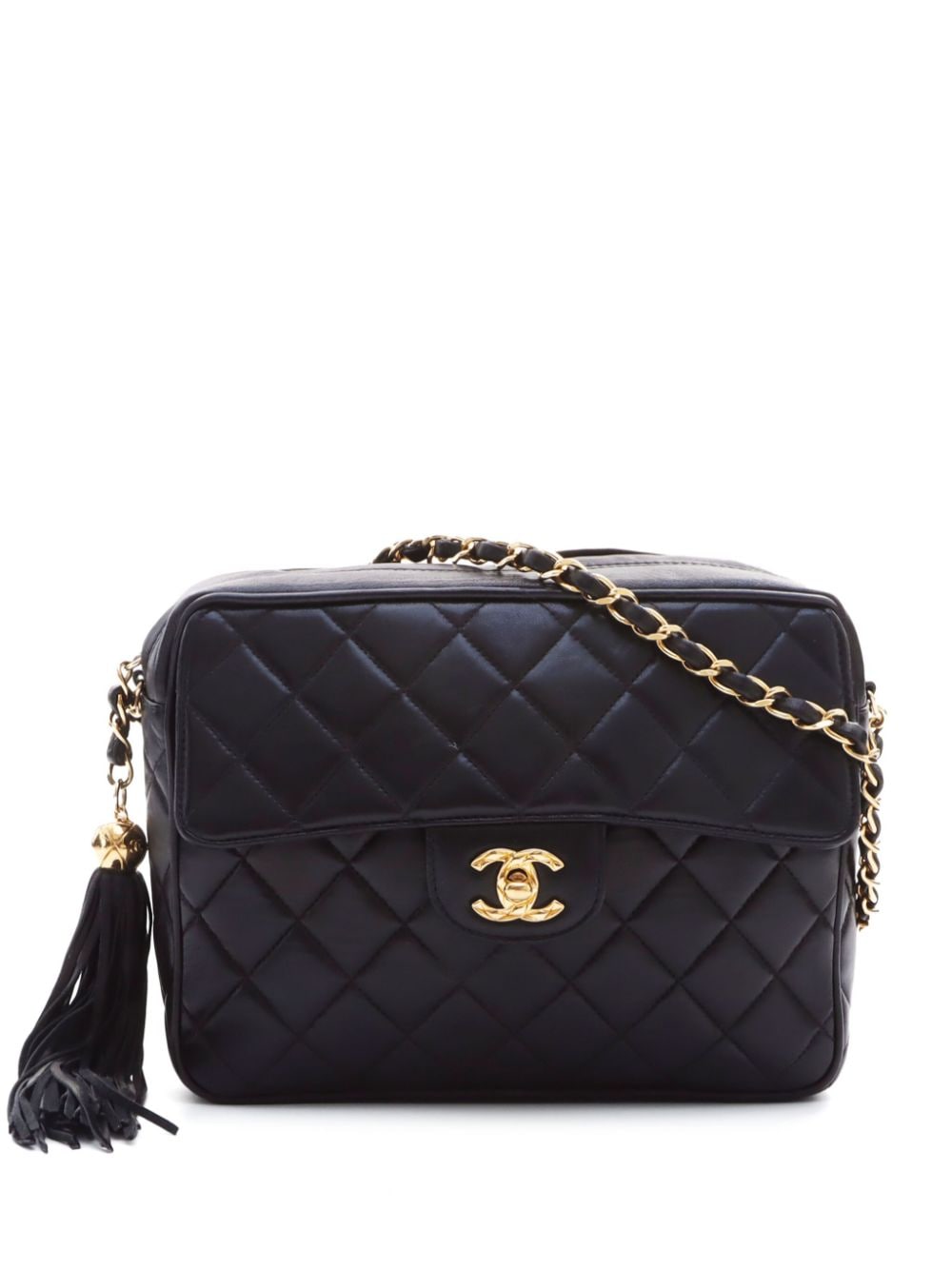 Pre-owned Chanel 1985-1993 Diamond-quilted Tassel-detailed Camera Bag In Black
