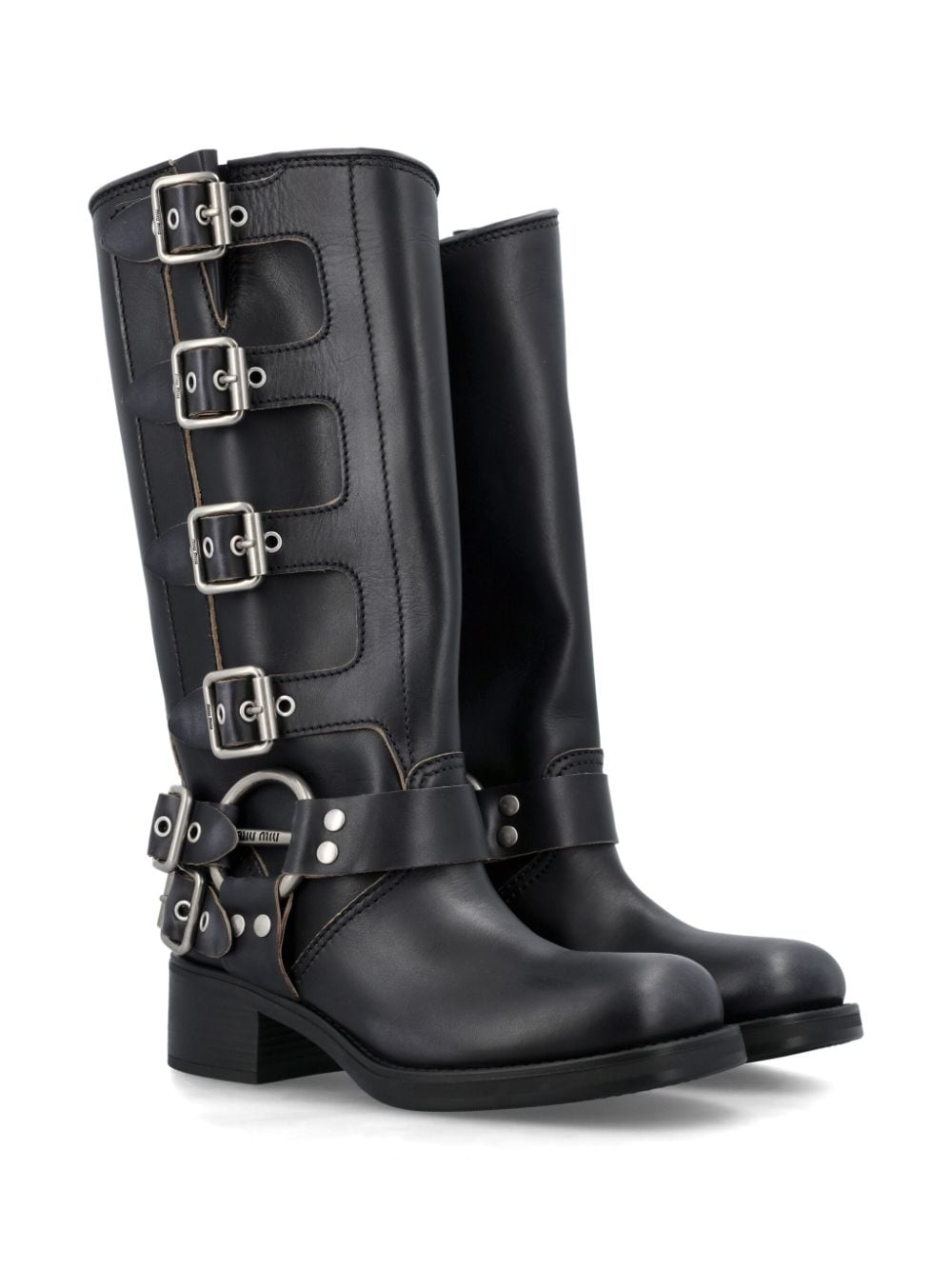 Miu Miu buckled knee-high leather boots - Zwart