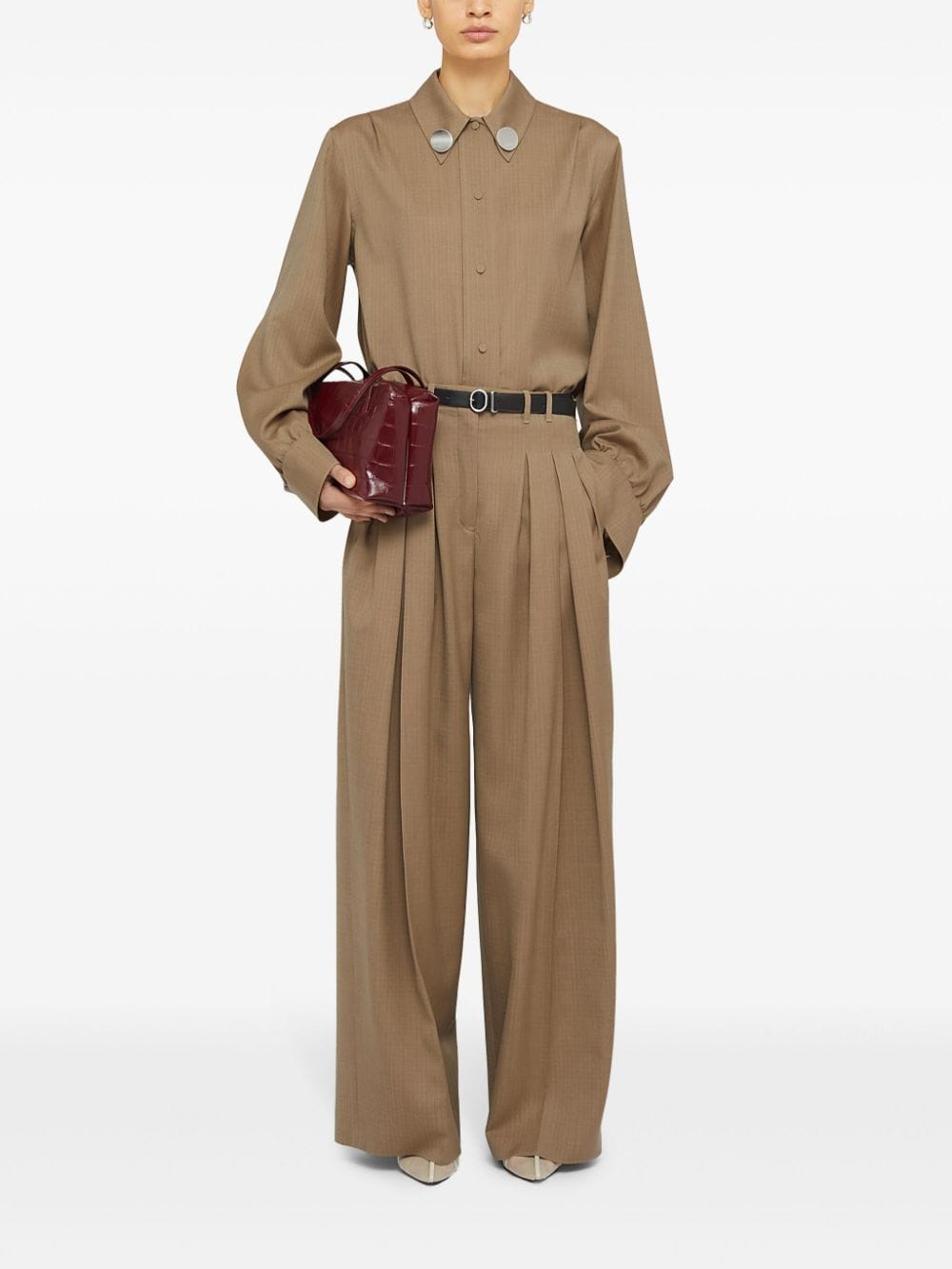 Shop Jil Sander Belted Wool Palazzo Pants In Brown