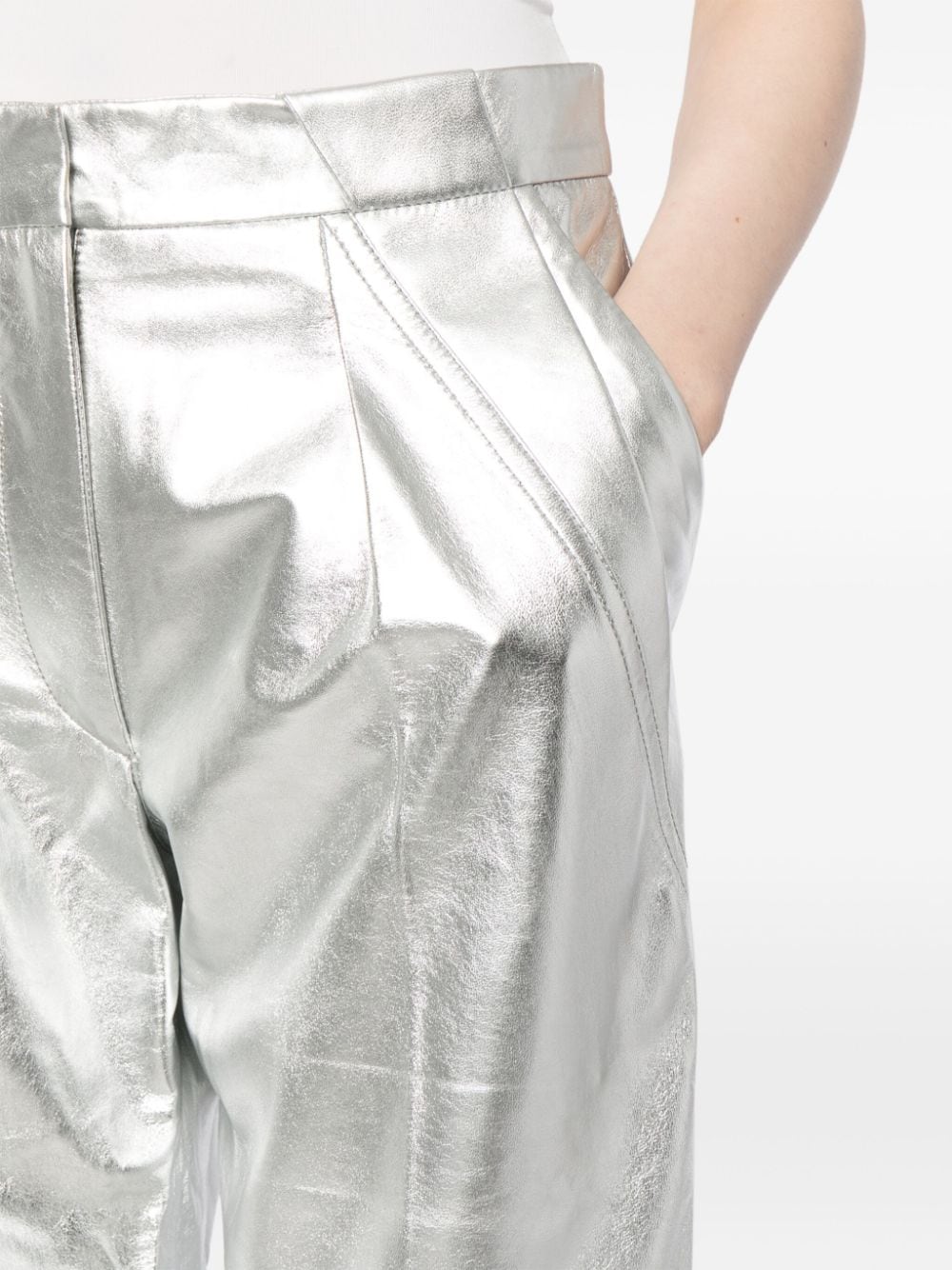 Shop Iro Metallic Leather Tapered Trousers In Silver