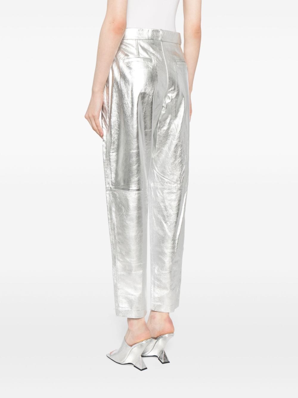 Shop Iro Metallic Leather Tapered Trousers In Silver