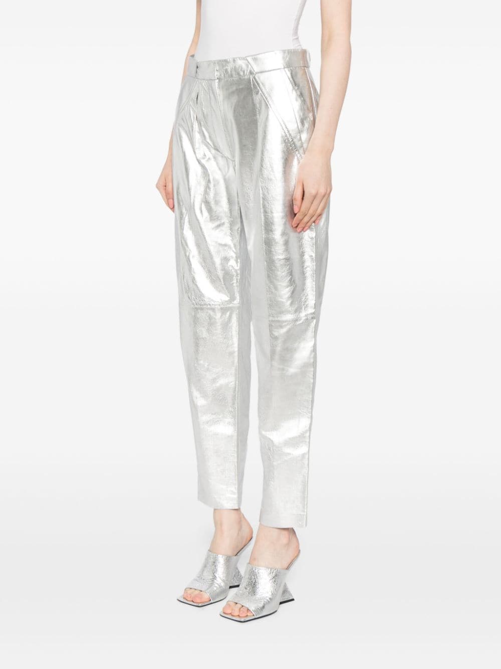 Shop Iro Metallic Leather Tapered Trousers In Silver