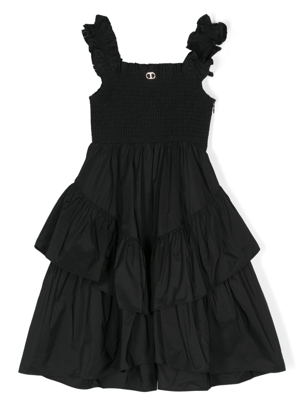 Twinset Kids' Shirred-panel Cotton Tiered Dress In Black