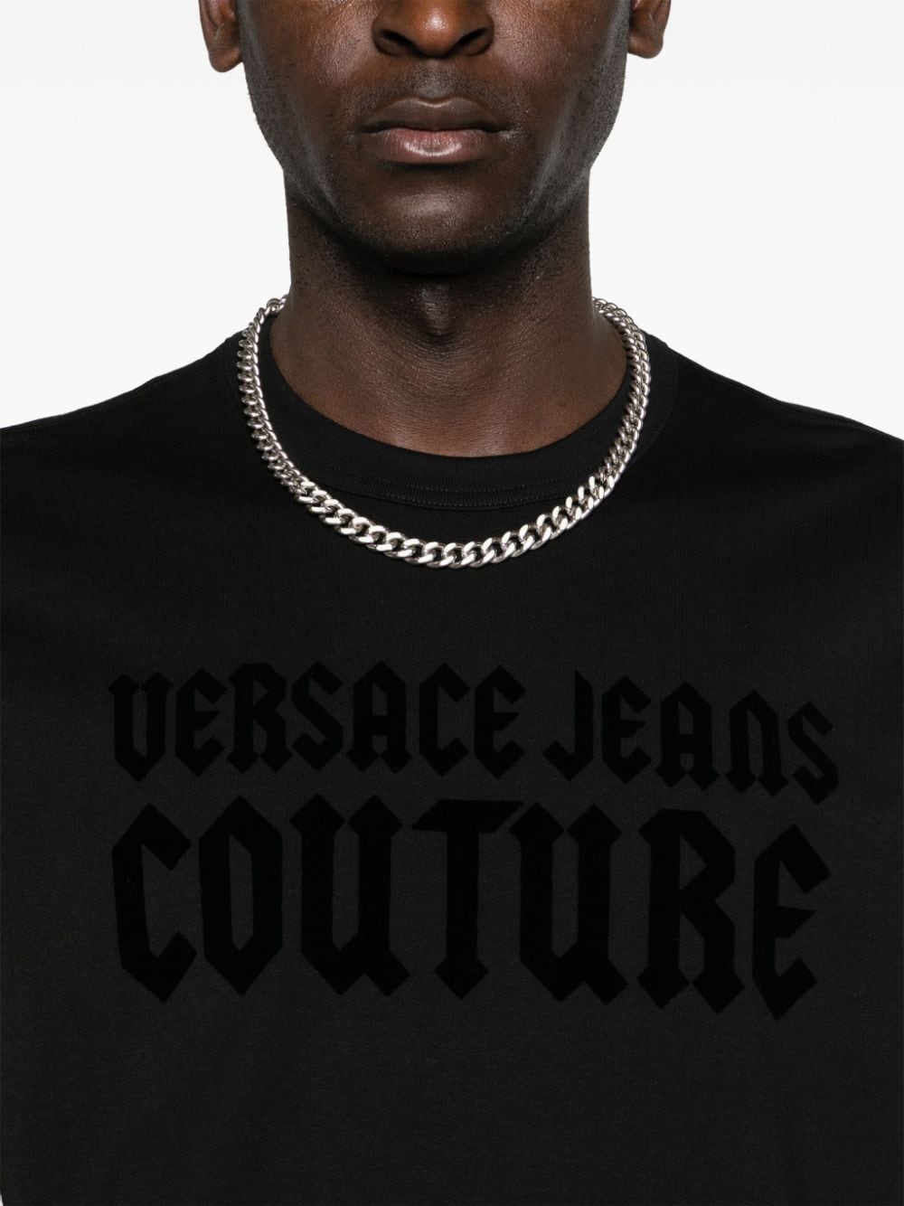 Shop Versace Jeans Couture Flocked-logo Cotton T-shirt In Black