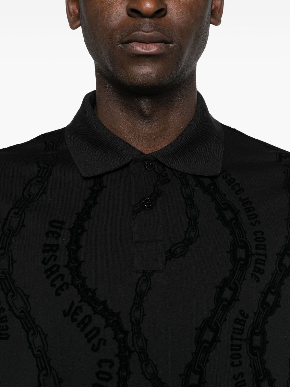 Shop Versace Jeans Couture Flocked-print Jersey Polo Shirt In Black