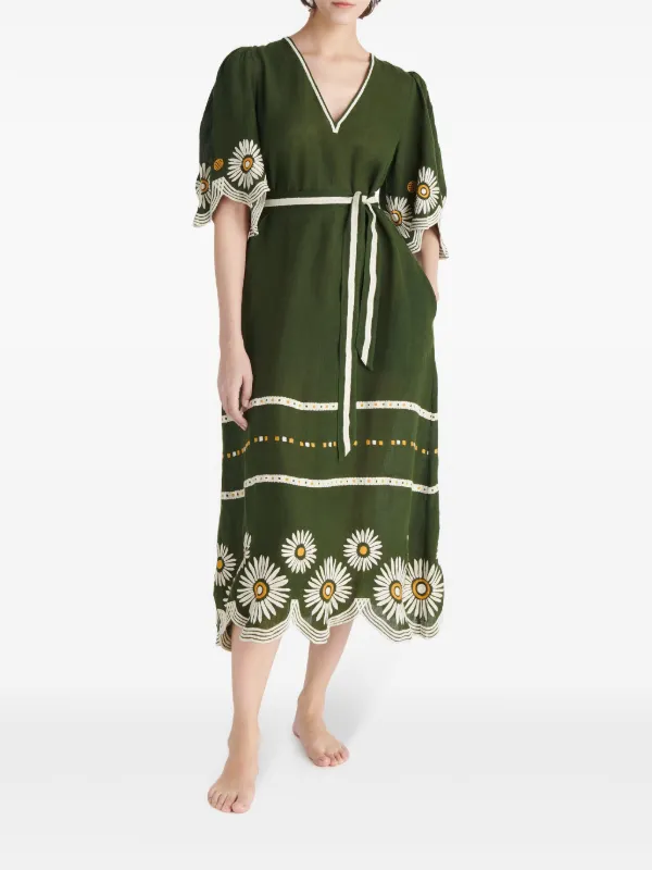 green emerald velvet dress Applique Embroidered Linen Dress Shalimar S / Ankle / Brown