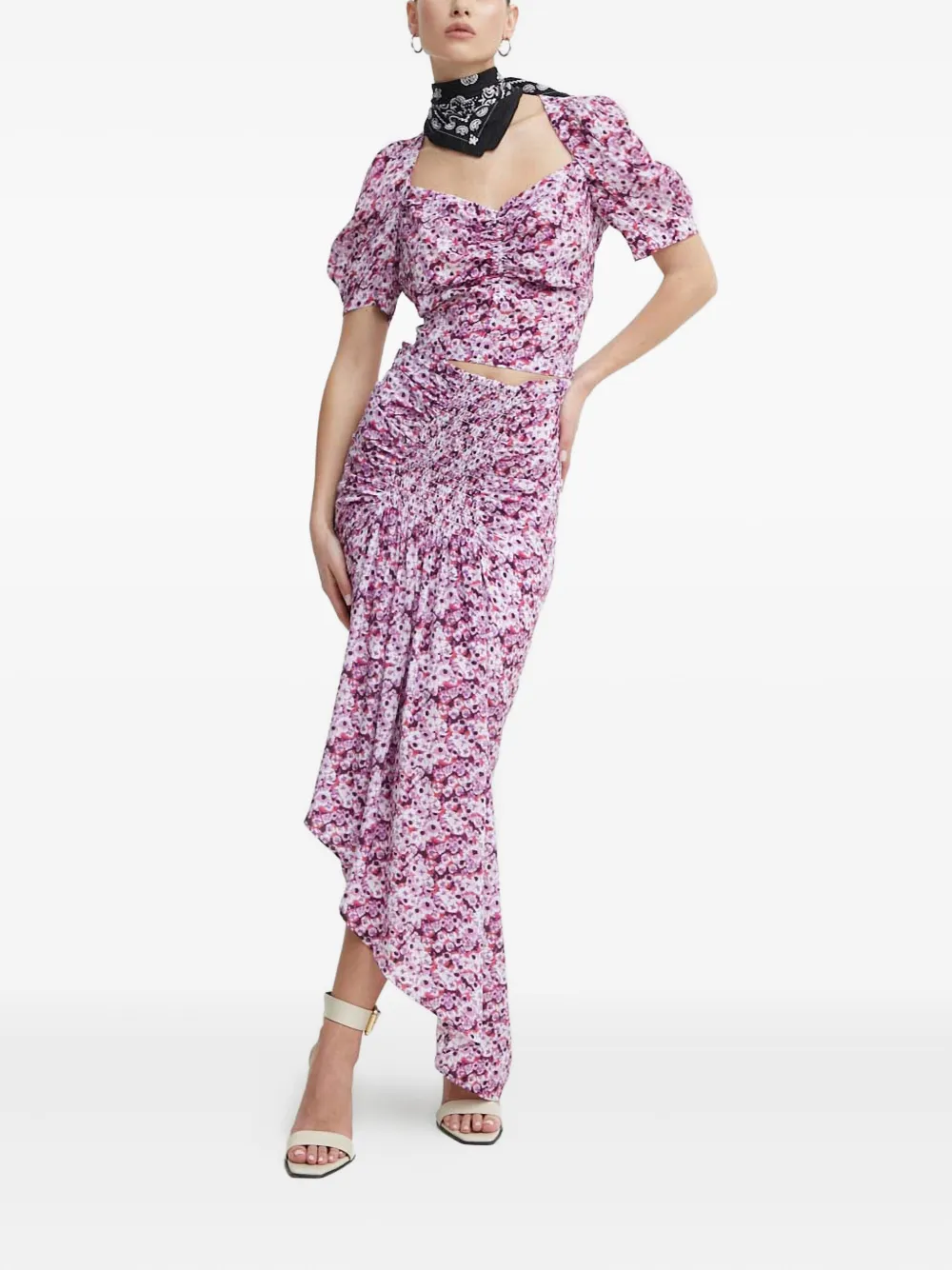 Iro Noseti Shirred Floral Asymmetric Skirt In Pink
