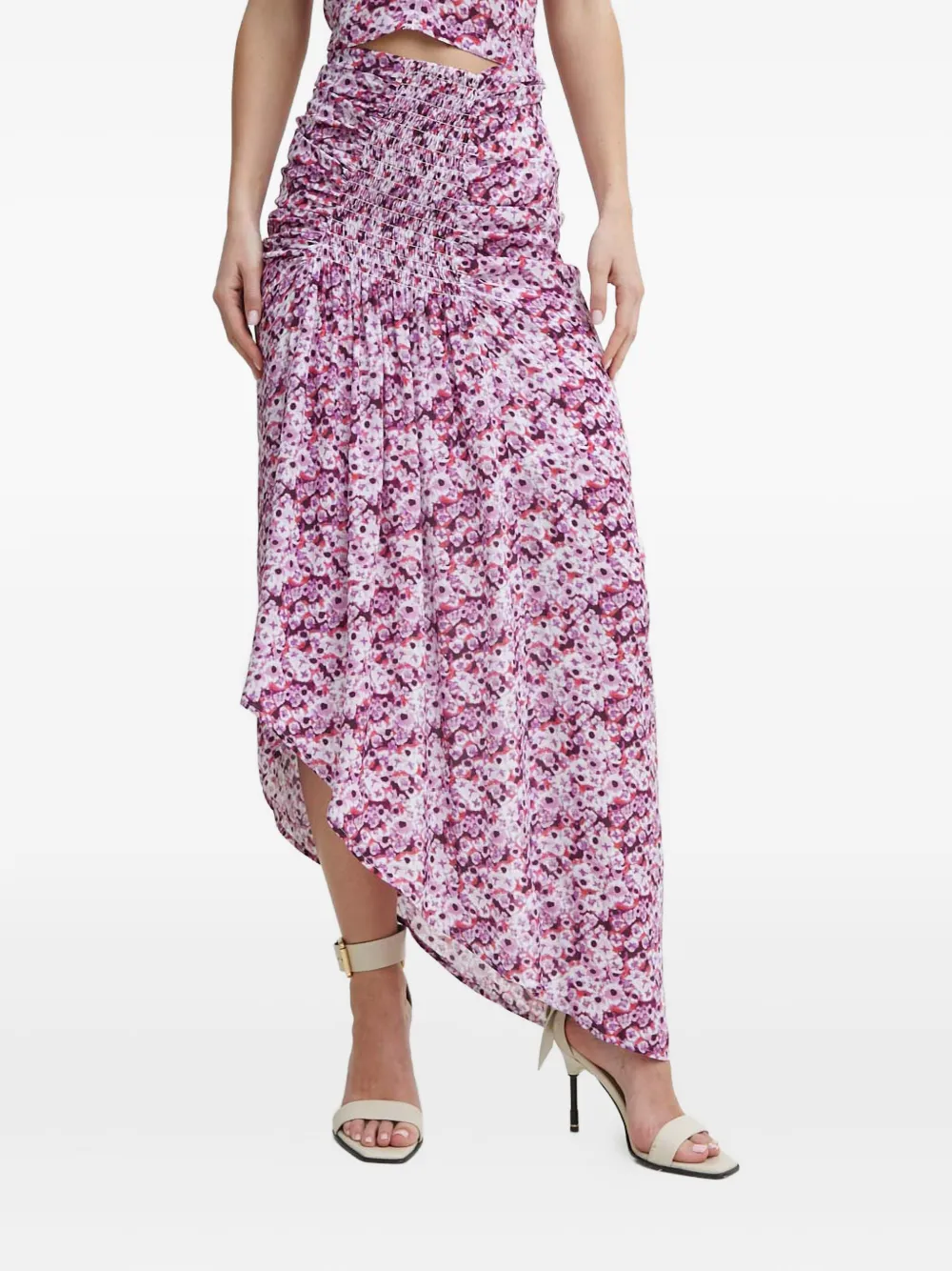 Iro Noseti Shirred Floral Asymmetric Skirt In Pink