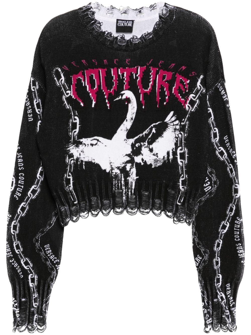 Shop Versace Jeans Couture Chain Swan Patterned Jacquard Jumper In Black