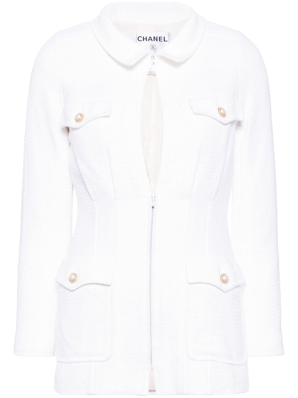 Pre-owned Chanel 2002 Zip-up Tweed Jacket In White
