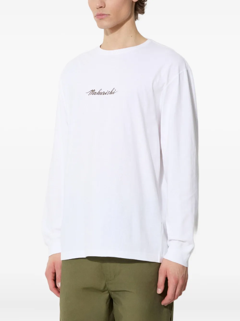 Maharishi Dragon Bamboo T-shirt met borduurwerk en lange mouwen Wit