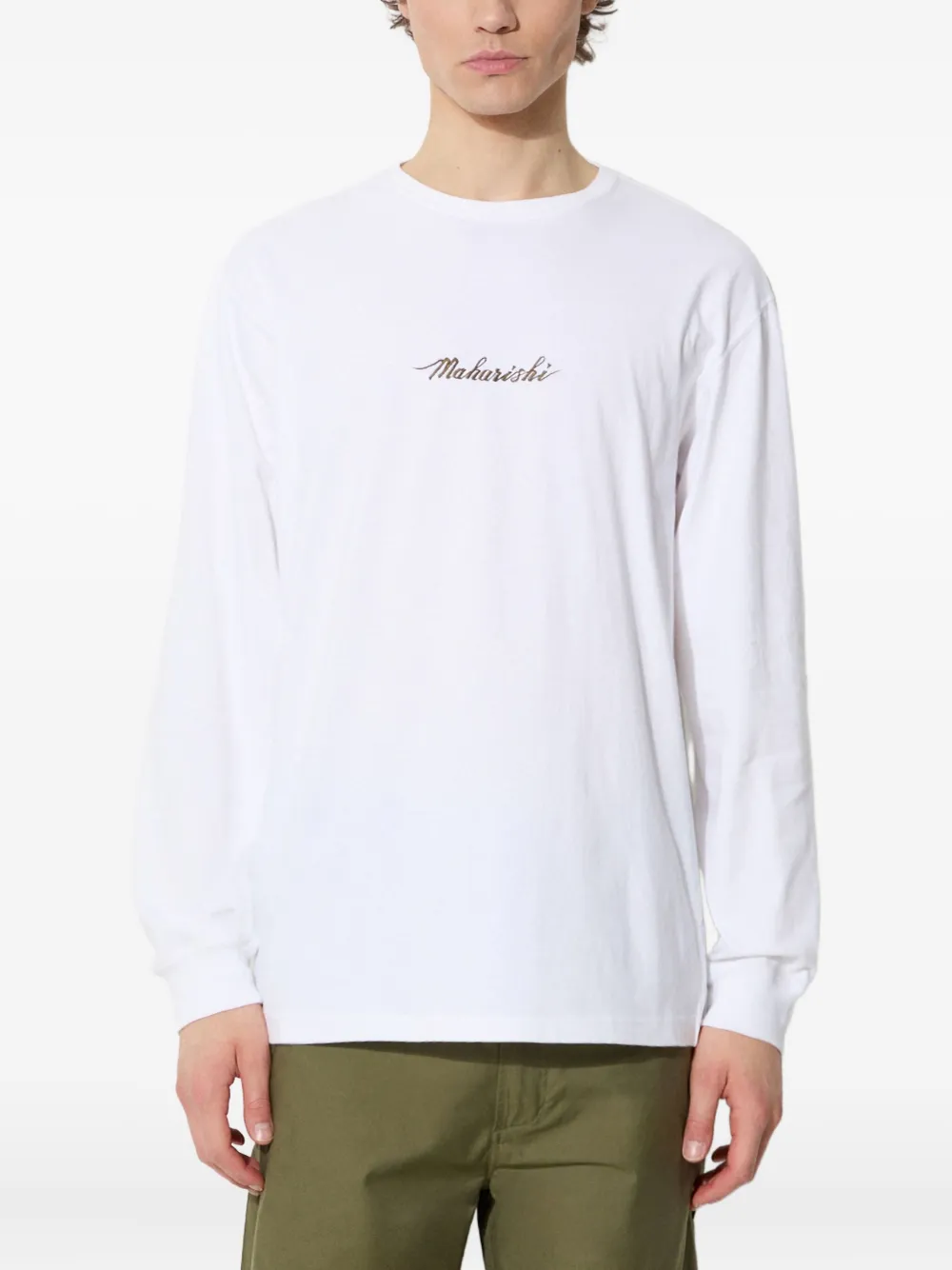 Maharishi Dragon Bamboo T-shirt met borduurwerk en lange mouwen Wit