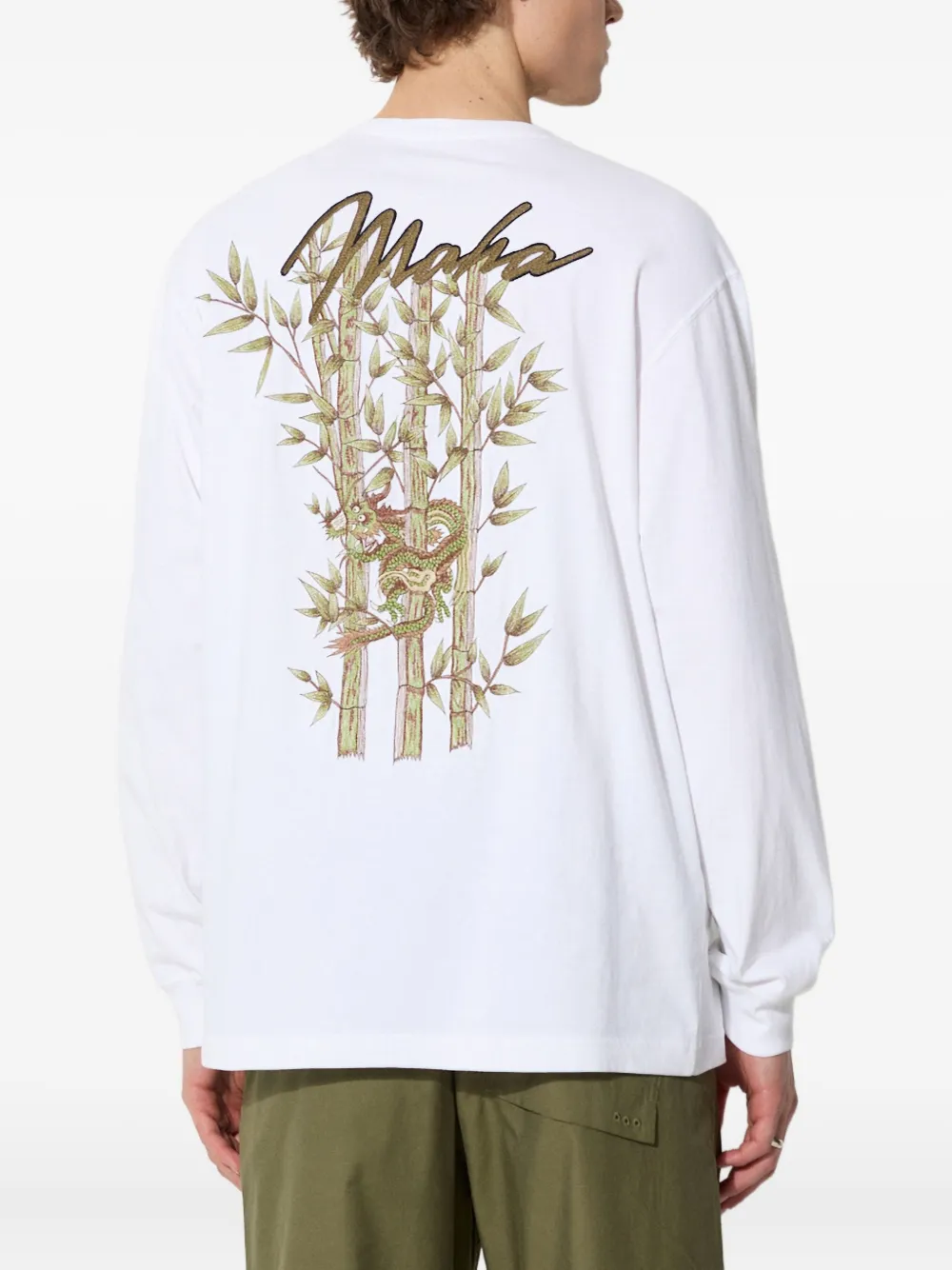 Maharishi Dragon Bamboo T-shirt met borduurwerk en lange mouwen Wit